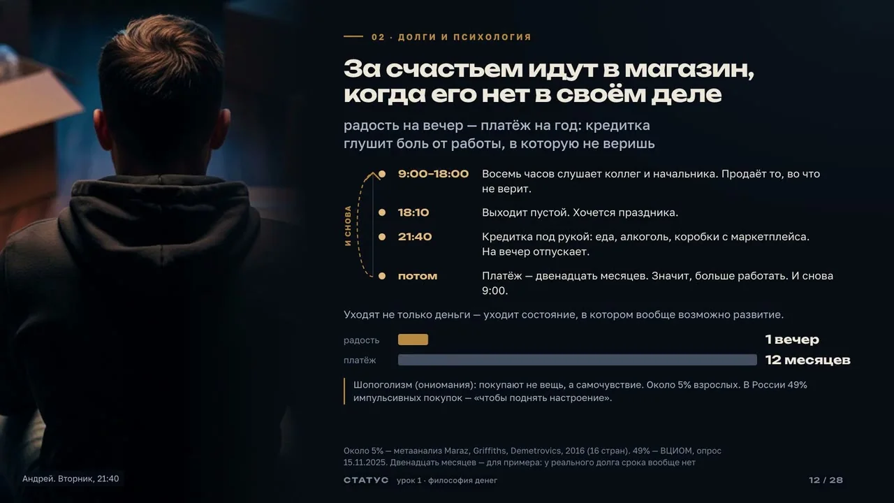 Кадр урока 1 «Философия денег»: слайд «За счастьем идут в магазин, когда его нет в своём деле»